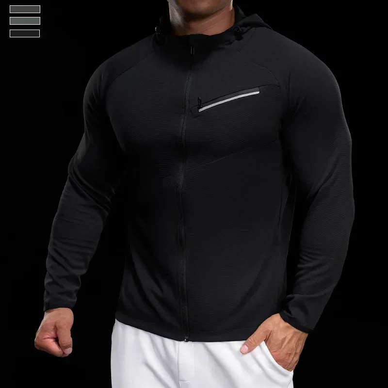 Men Zip Standing Collar Hoodies Top Stretch Slim Long Sleeve Running Fitness Jacket Gym Jogging Tee Bodybuilding Training Shirts