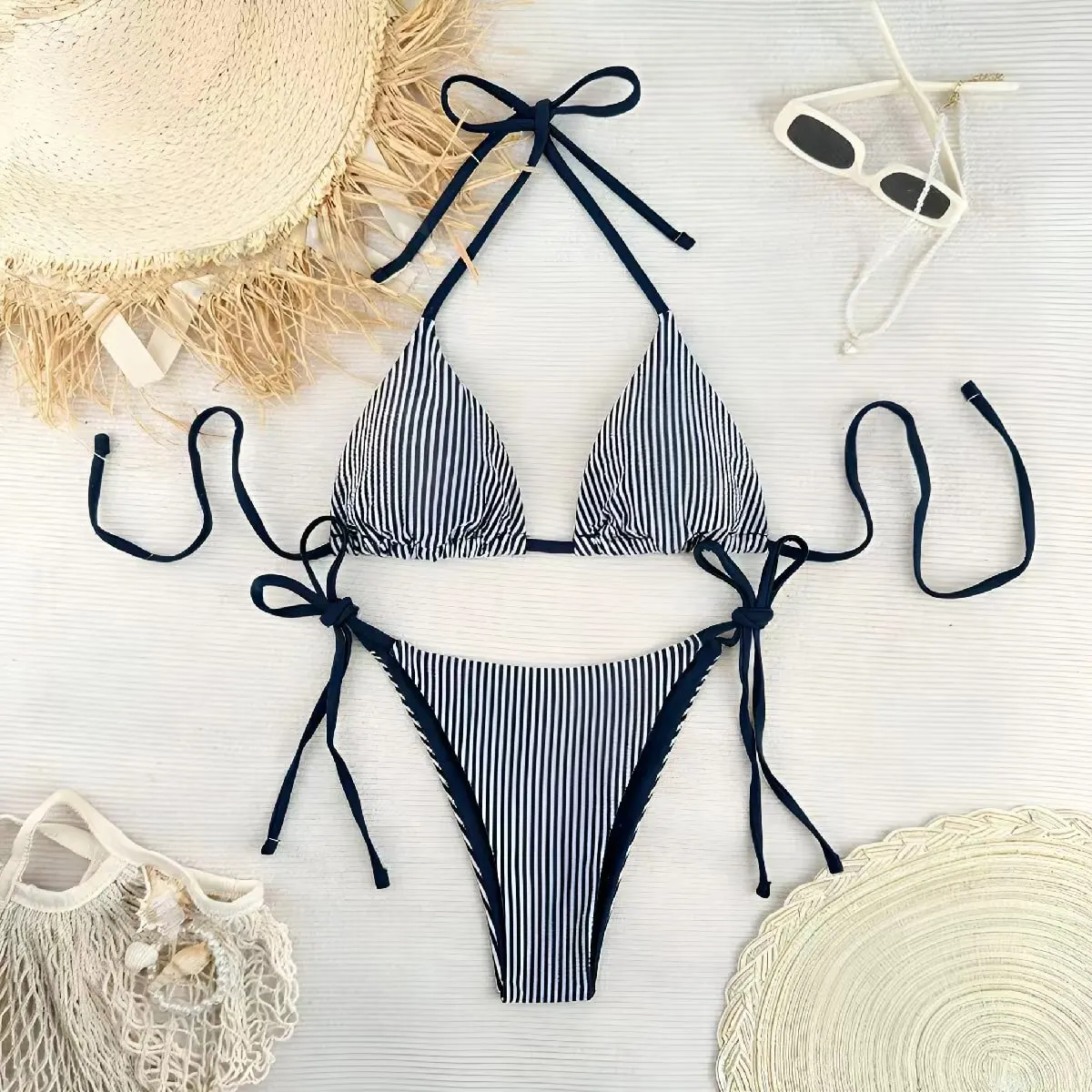 Navy White Stripe Halter Bikini Set Women Tie Side String Two‑piece Swimsuit Summer Beach Swim Bathing Suit