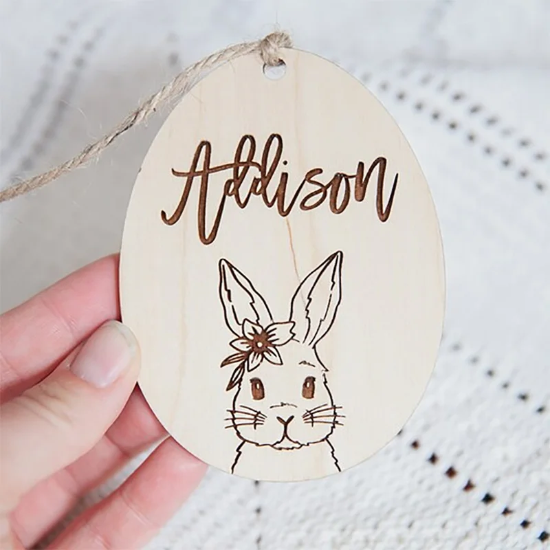 Personalized custom rabbit Bunny happy Easter party Egg Hunt basket Bucket bag Name Tag Ornament children kid boy girl gift sign