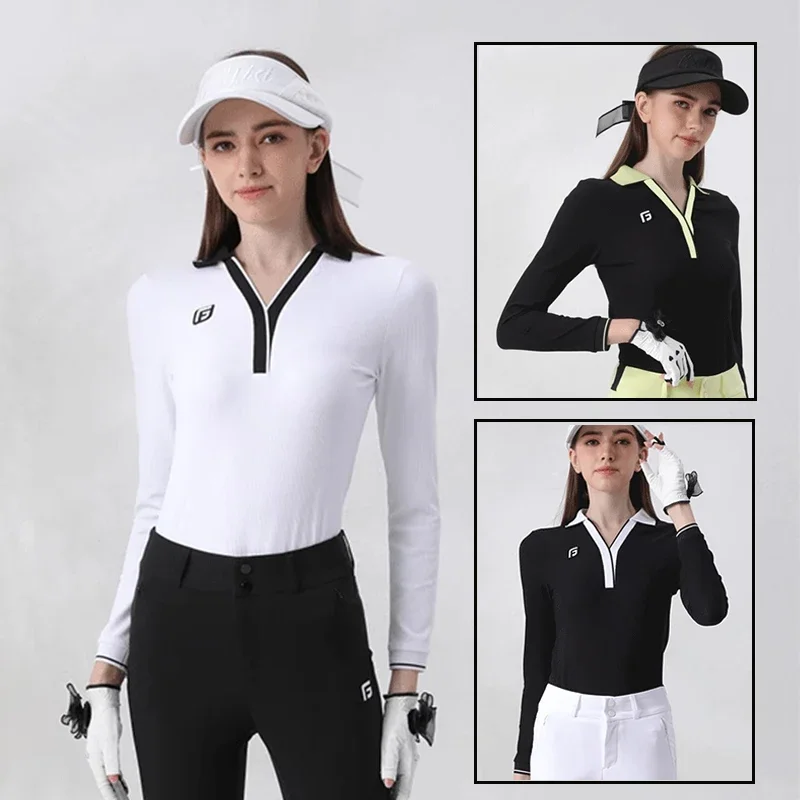 Spring/fall Golf Apparel Women's Long Sleeve V-collar T-shirt Breathable Slim Tops Ladies Patchwork Sports Shirts Fashion Golf