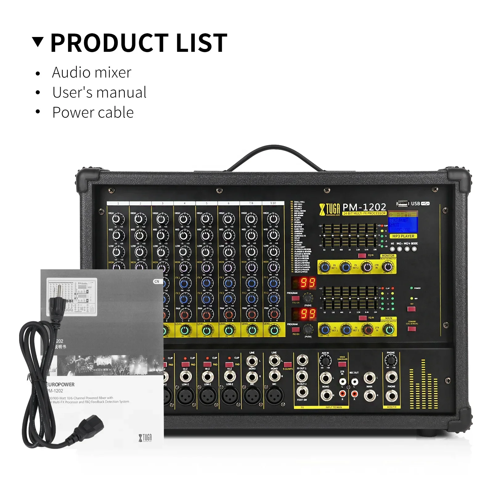 PM1202 Channel audio mixer console with 99 DSP aux soundcard 7 band EQ 60mm fader