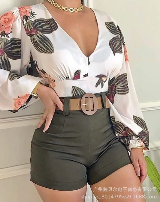 Women's Two-Piece Set 2024 Spring Ruched Design Floral Print Lantern Sleeve Long Sleeve Top & Temperament Commuting Shorts Set