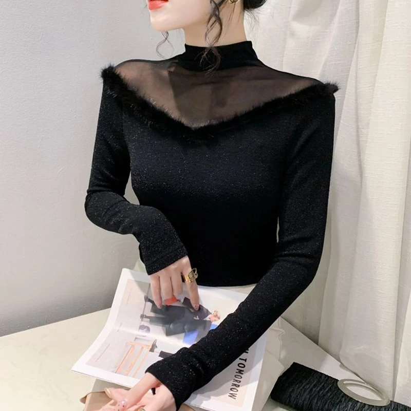 Women Clothing Stylish Sexy See Through Mesh Patchwork Basic T-shirt Elegant Bright Silk Half High Collar Long Sleeve Slim Tops