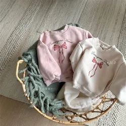 Sweat-shirt en velours pour bébé fille, imprimé nœud mignon, optique, chaud, décontracté, enfants en Y, vêtements pour bébés, nouveau, hiver, 2025