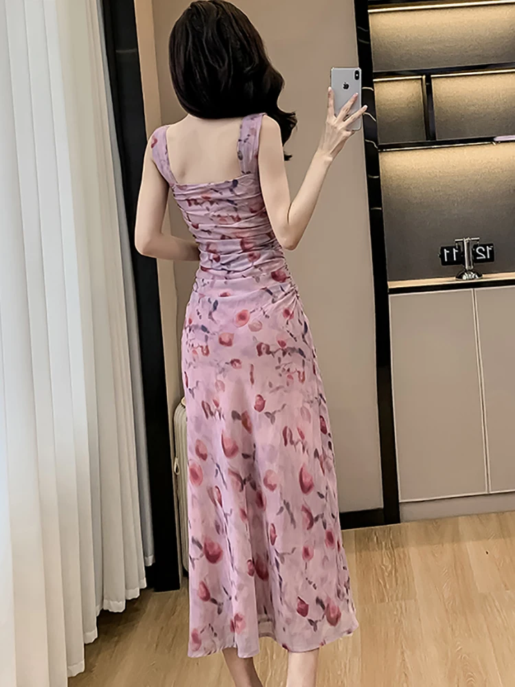 Zomer Roze Bloemen Vierkante Kraag Sling Sexy Lange Jurk Vrouwen Koreaanse Vintage Luxe Dans Feestjurk 2024 Elegante Bodycon Jurk