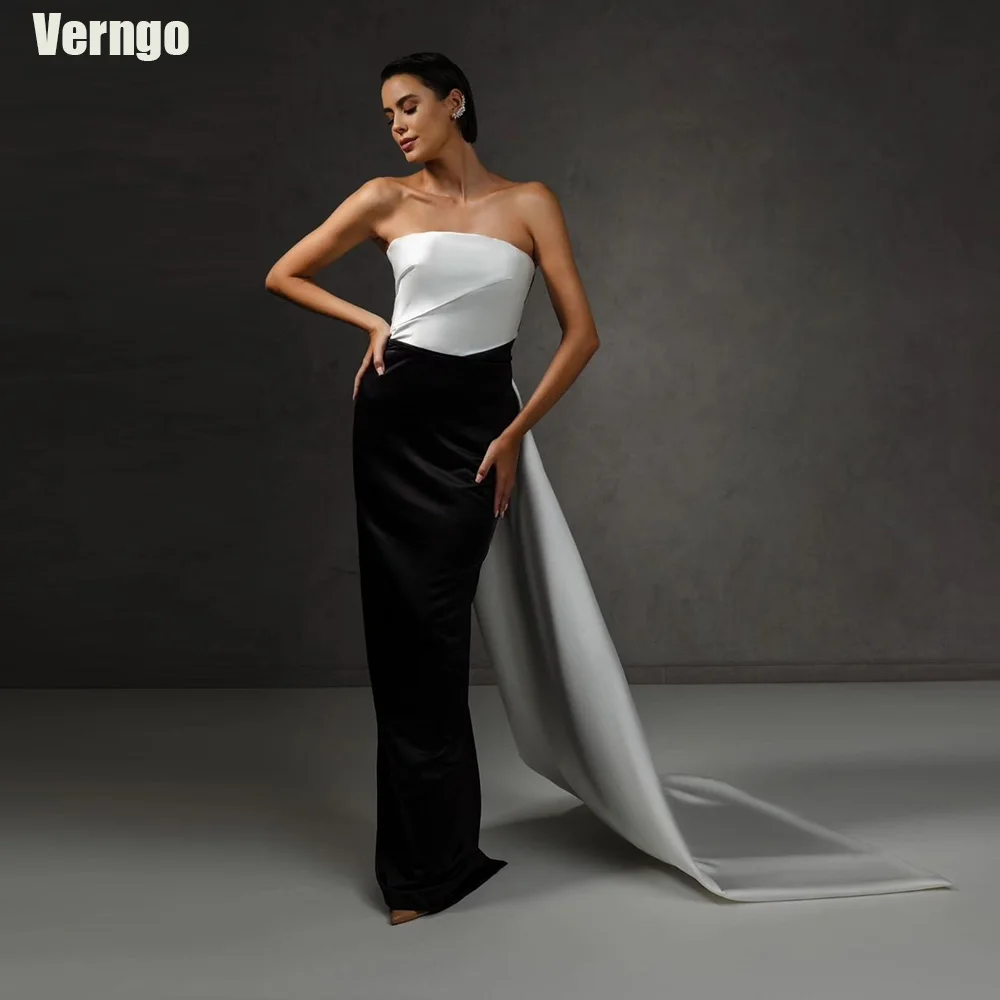 

Verngo Black and White Mermaid Evening Party Dresses Strapless Sleeveless Satin Arabic Formal Occasion Prom Gown Robes De Soirée