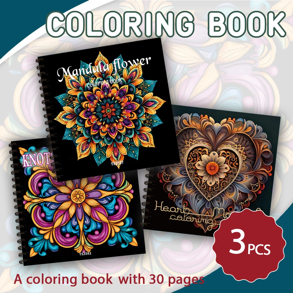 3 pcs Women Coloring Book Set, Mandala Patterns, Symmetrical Designs,30 Pages, Spiral Bound, Stress Relief, Perfect Gift Choice