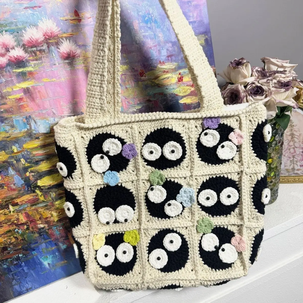 

New Handmade Hook Weaving Vintage Maillard Weaving Bag Camellia Elegant Bag Rose Handbag Mother Handmade Bag Shoulder Bag