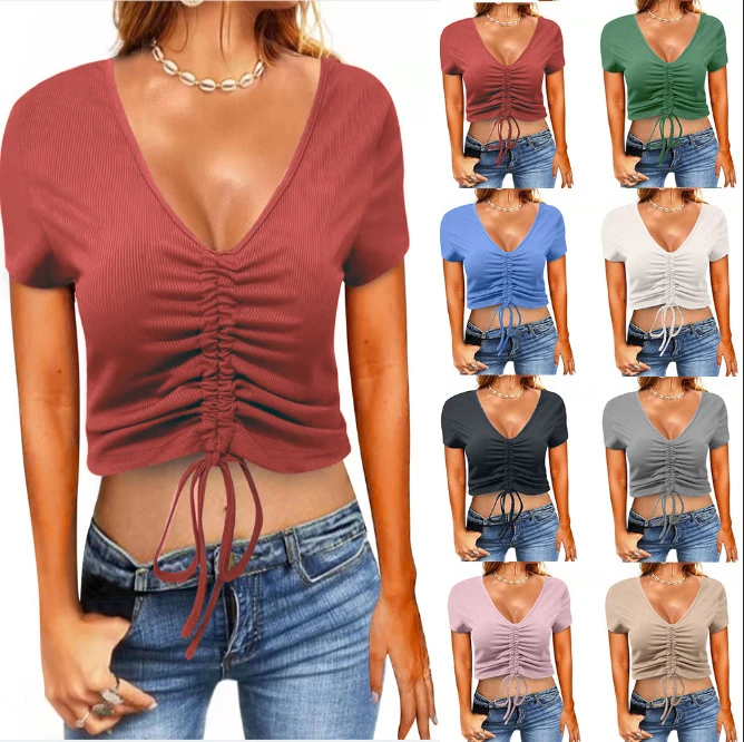 

2023 Spring And Summer New Women'S T-Shirt Fashion Casual Drawstring Slim T-Shirt V-Neck Top Women