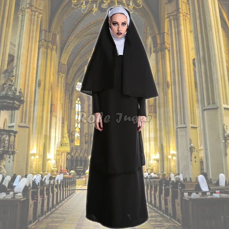 Halloween Nun Cosplay Costumes Adult Women Religious Catholic Priest Missionaries Black Dress Headscarf Shawl Suits