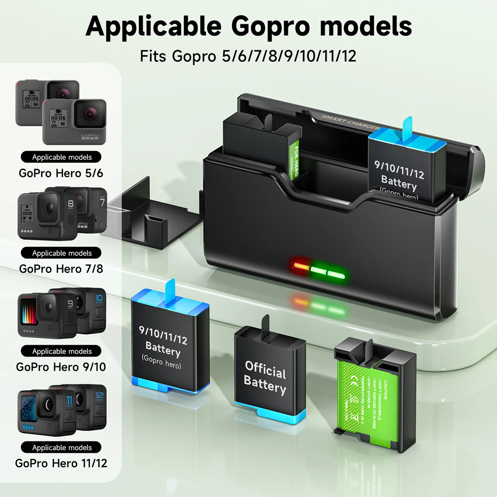 For GoPro 8 Hero 7 hero 6 hero 5 Battery + 3-Slots Storage Box Charger with Type C for GoPro 12 11 10 9 8 7 6 5 Camera Battery