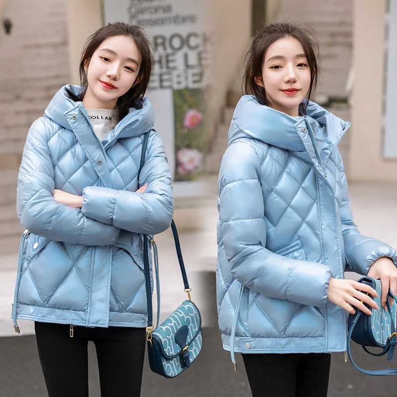 2024New Glossy Down Cotton Jacket Women Winter Hooded Warm Thick Outwear Casual Female Parkas Overcoat Cotton Padded Jacket Coat