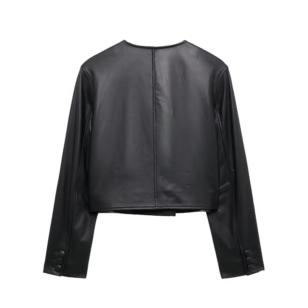 Abrigo corto de cuero con botones para mujer, moda de estilo americano y europeo, sencillo, combina con todo, estación independiente