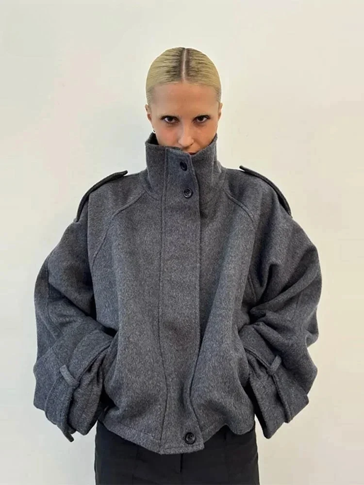 

Elegant Woolen Stand Collar Jacket Women Loose Long Sleeve Single Breasted Zipper Jackets Female 2025 Autumn Winter Outwear