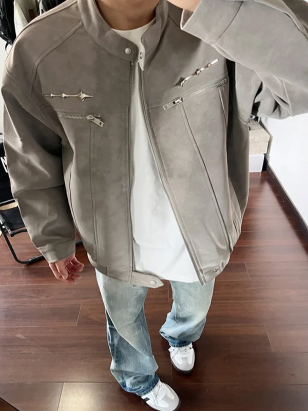 

American Sle Mat Fini Dyed PU Leather Jaet Men's Spring Autumn Motorcycle Pilot Jaet Stand Collar Baseball Sle Trendy