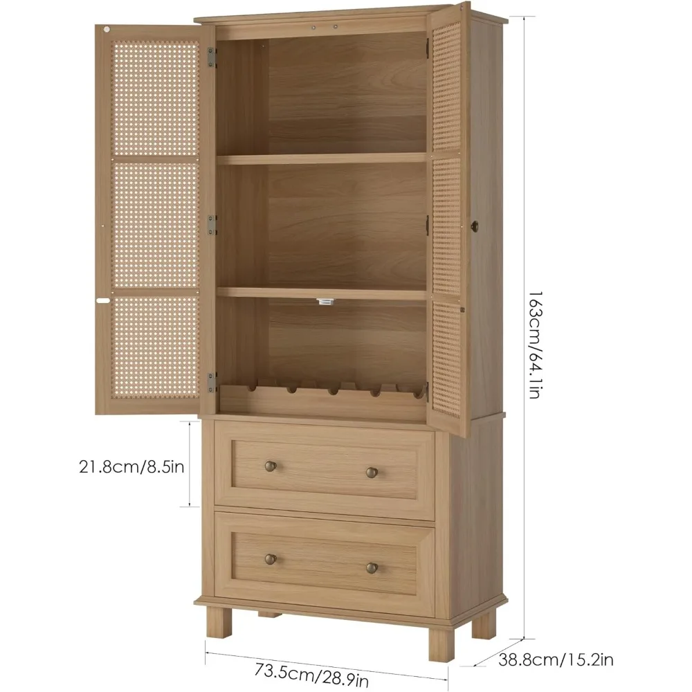 Kitchen Pantry Storage Cabinet, Tall Storage Cabinet with Rattan Doors and 2 Drawers, Pantry Cabinet with Adjustable Shelf