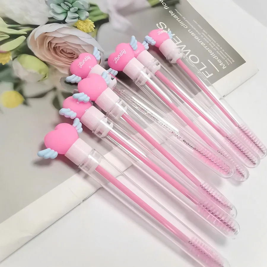 Atacado forma de coração asa de anjo escova de cílios tubo de cristal rímel varinha tubos maquiagem pente sobrancelha escova portátil rímel escova