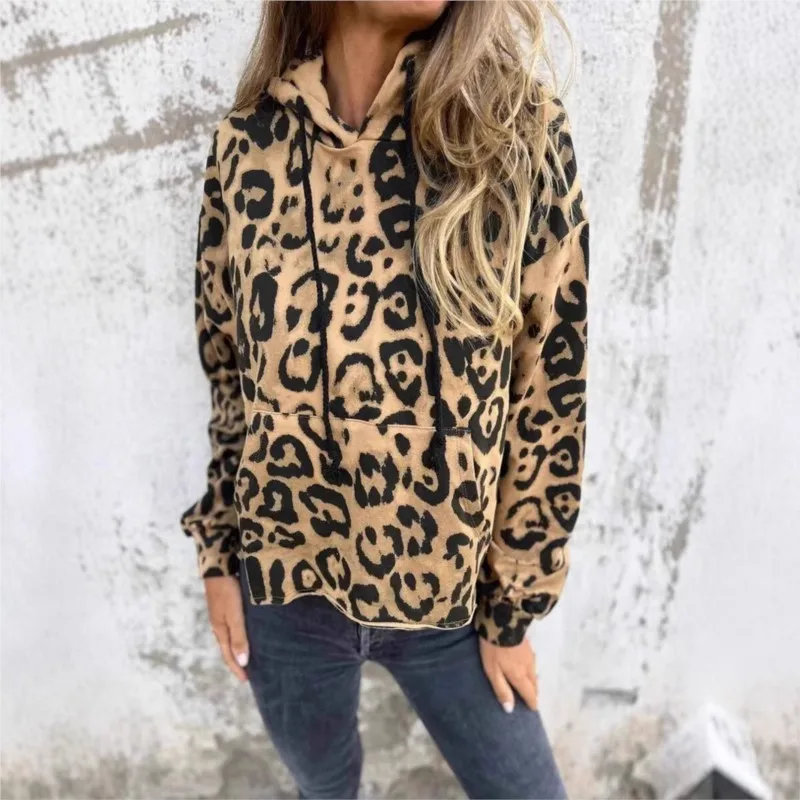 Women\'s Long Sleeved Print Hoodie Autumn Fashion Street Hip-hop Leopard Print Hoodie Pocket Streetwear Lady Casual Pullover Tops