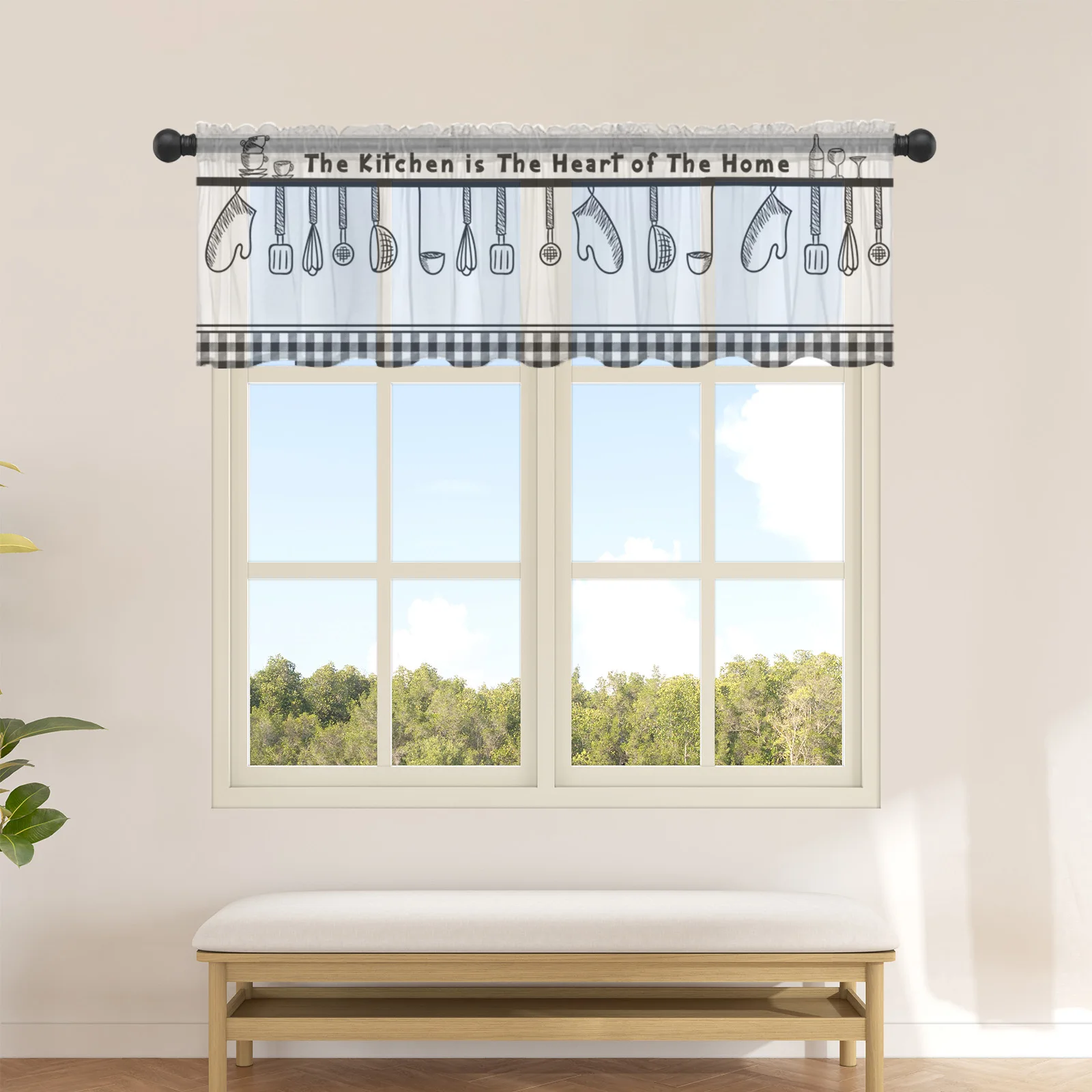 Kitchen Utensils Plaid Short Tulle Half Curtains for Living Room Kitchen Door Cafe Window Sheer Valance Drapes