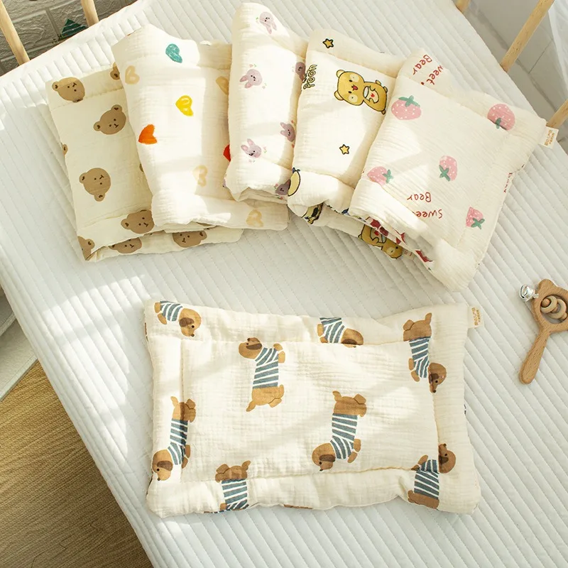 Newborn Pillow Cotton Fabric Soft Comfortable Breathable Children's Sleep Sweat Absorption Neck Pillow Cartoon Printed Bedding