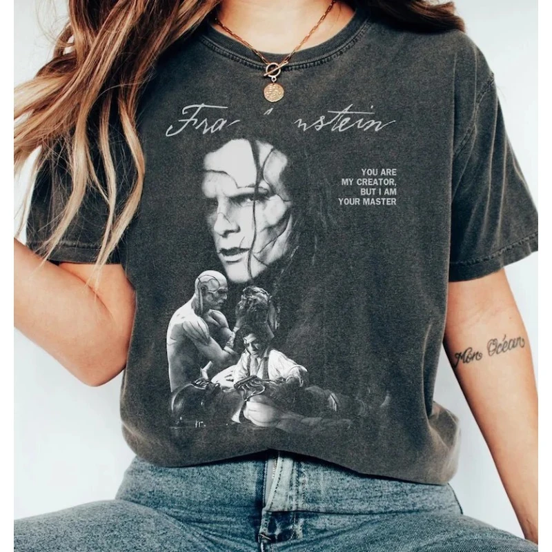 تي شيرت فرانكنشتاين للسيدات إليزابيث والمخلوق الحب النقي فيلم الرعب القوطي ملابس الشارع الشهير تي شيرت عتيق كبير الحجم #1