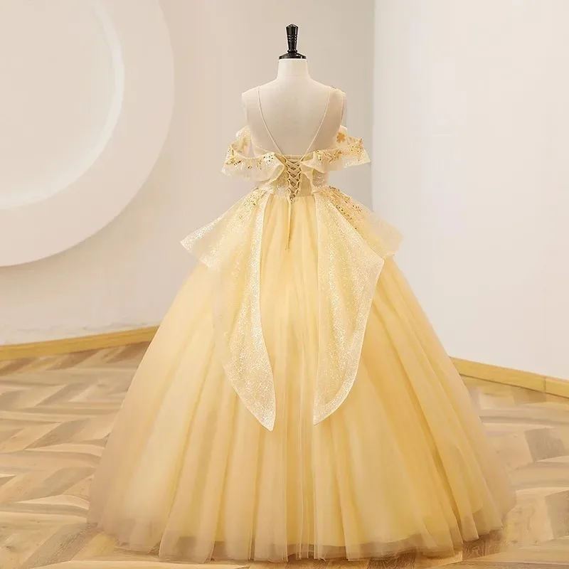 Amarelo colheres pescoço vestido de baile vestidos rendas lantejoulas doce 16 princesa festa personalizado