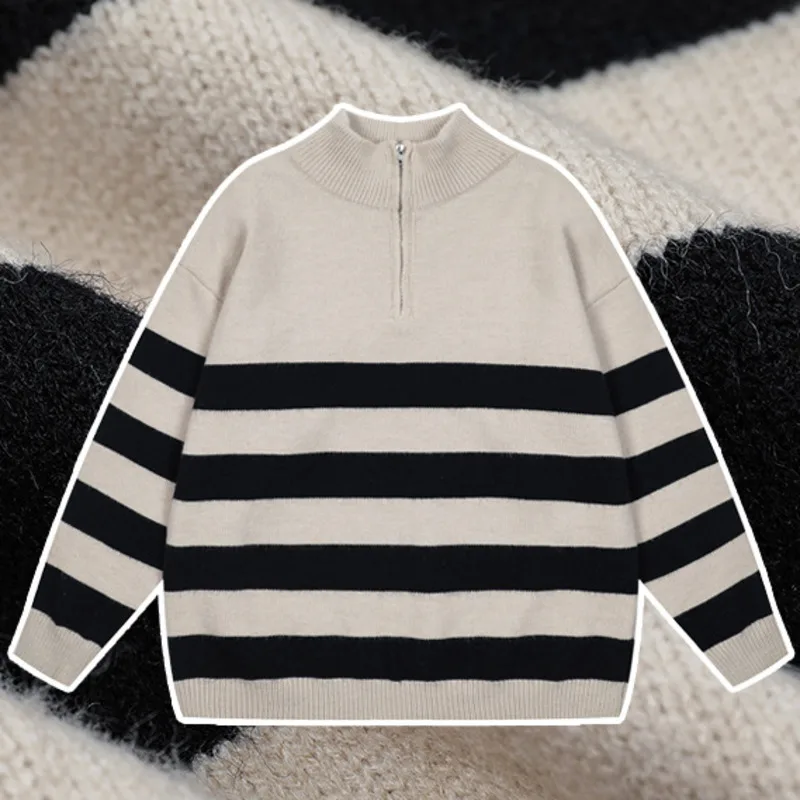 Men's striped knitted sweater, half zip mid neck sweater, men's autumn and winter lazy style couple pullover knitted sweater