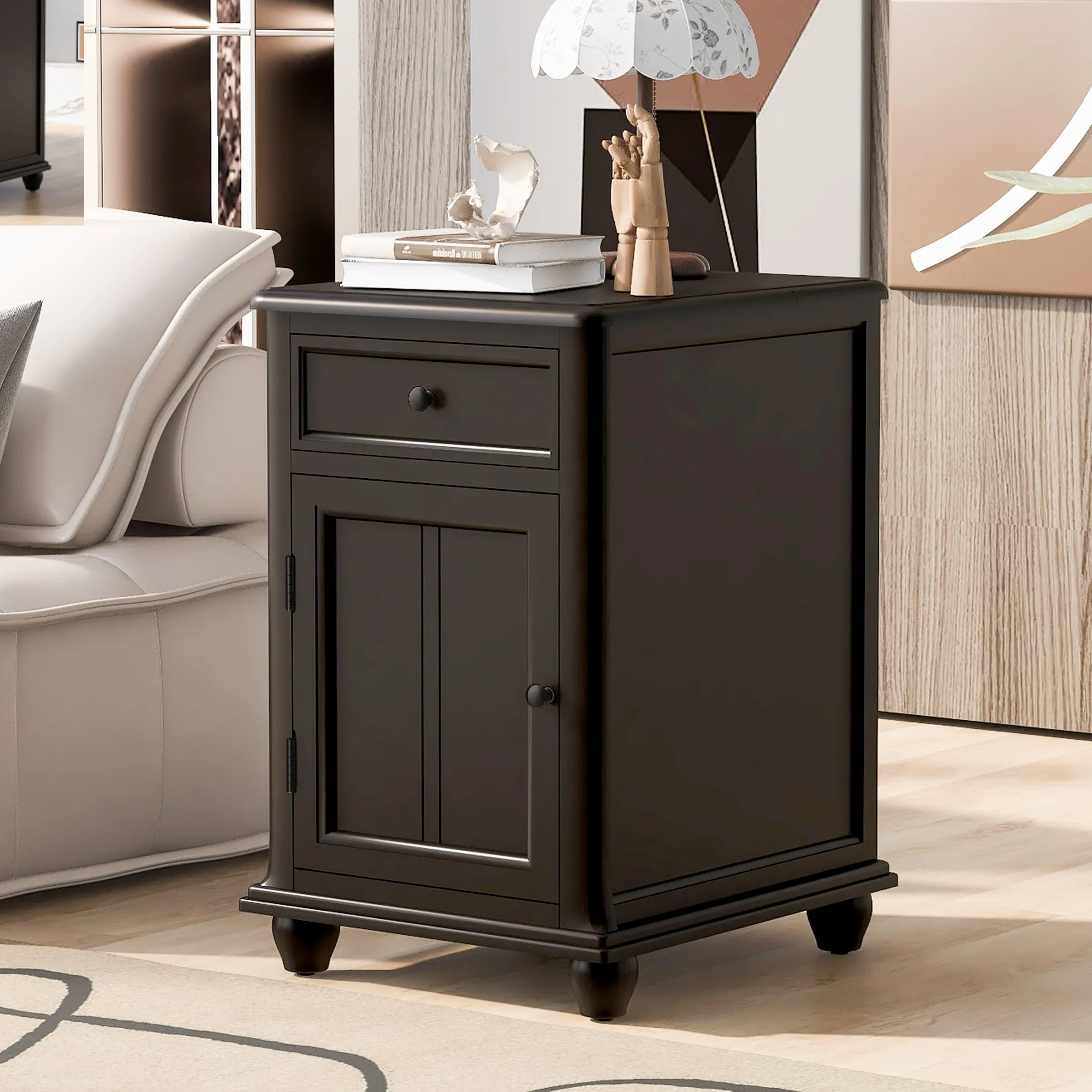 US STOCK End Tables Living Room Night Stand With Drawer Storage Cabinet Charging Station USB Ports Night Stand For Bedroom