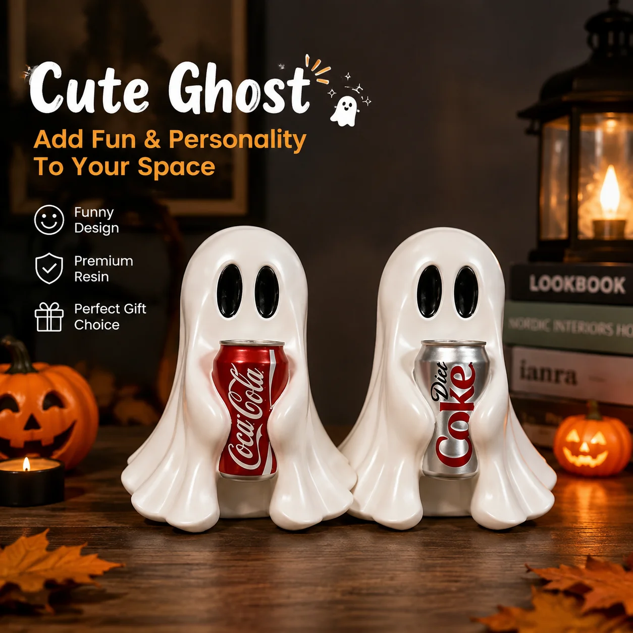 Cute Ghost Holding Cola Bottle Resin Figurine Halloween Decoration Ornament Funny Home Decor Statue Gift