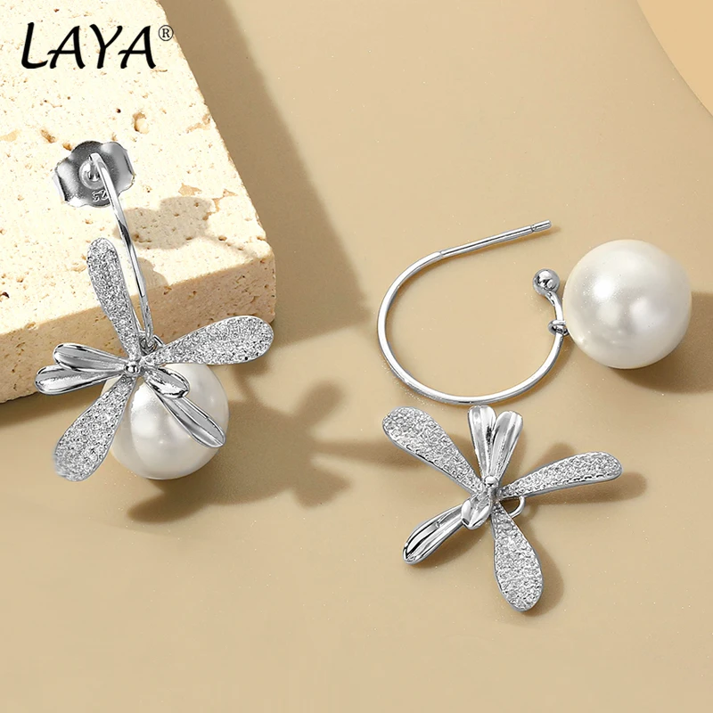 LAYA Pure 925 Sterling Silver Shell Pearl Flower Earrings Women Girl Engagement Wedding Luxury Piercing Ear Fine Jewelry