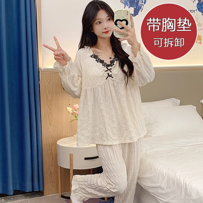 2024 Autumn Long Sleeve Sexy Lace V-neck Cotton Pajama Sets for Women Korean Sleepwear Pyjama Homewear Pijama Mujer Home Clothes