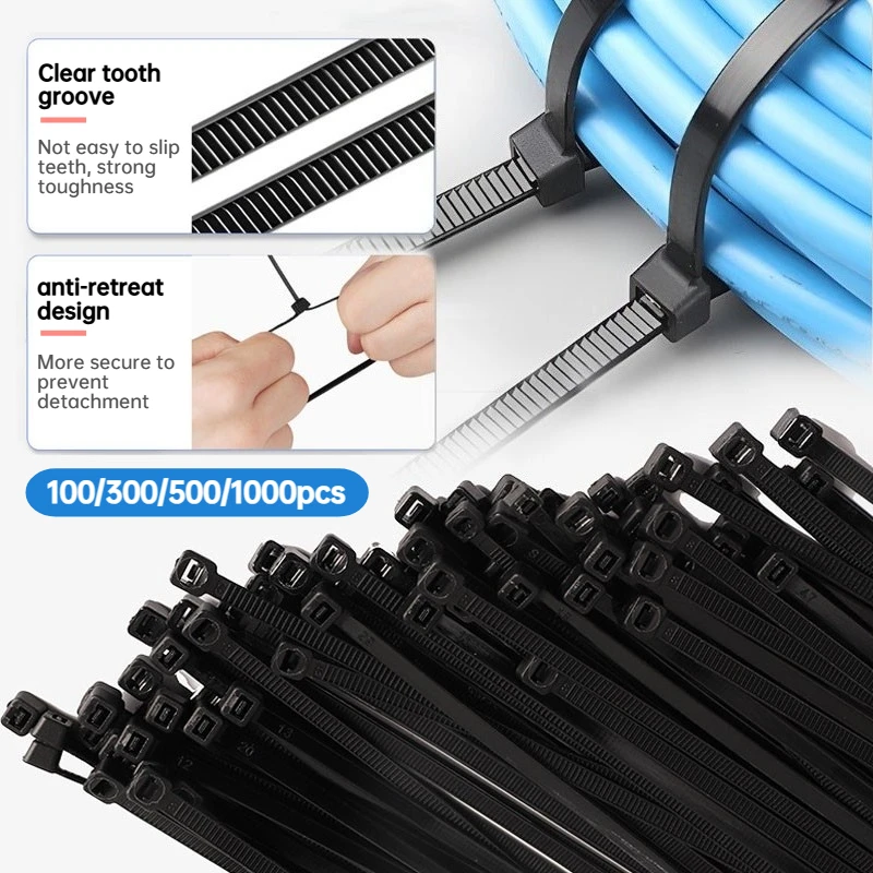 100/300/500/1000pcs Black Cable Ties High Tensile Strength, Uv Resistant, Self-Locking For Home & Office Cord Management