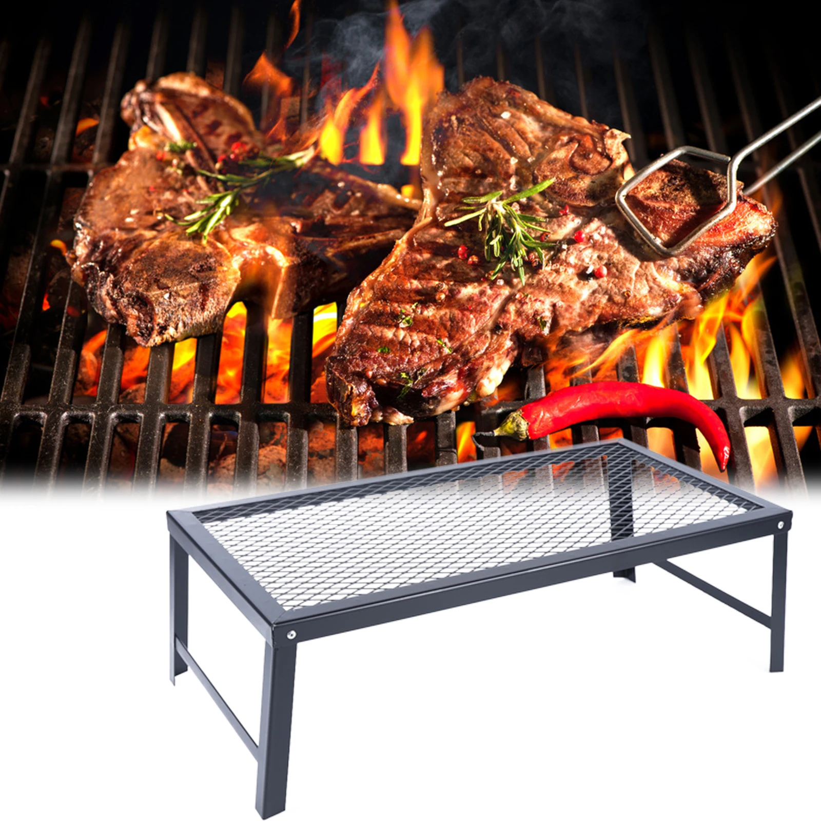 Camp Grill Fire Pit Grate, Campfire Cooking, Portable Stand BBQ Rack, Griddle Plate