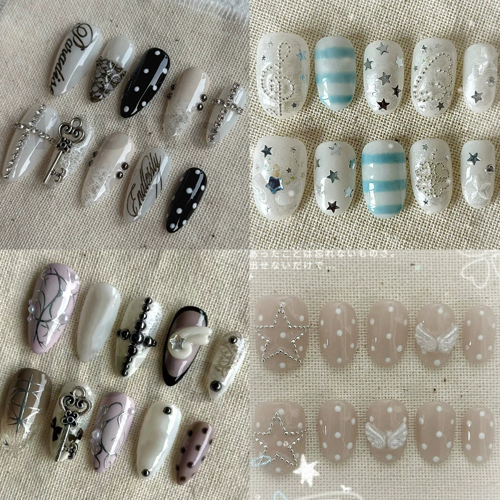

Y2K Spice Girl Handmande Square Ellipse Nail Party Stickers Metal Key Shining Stars Pearl Four-Leaf Clover Wings Press On Nails