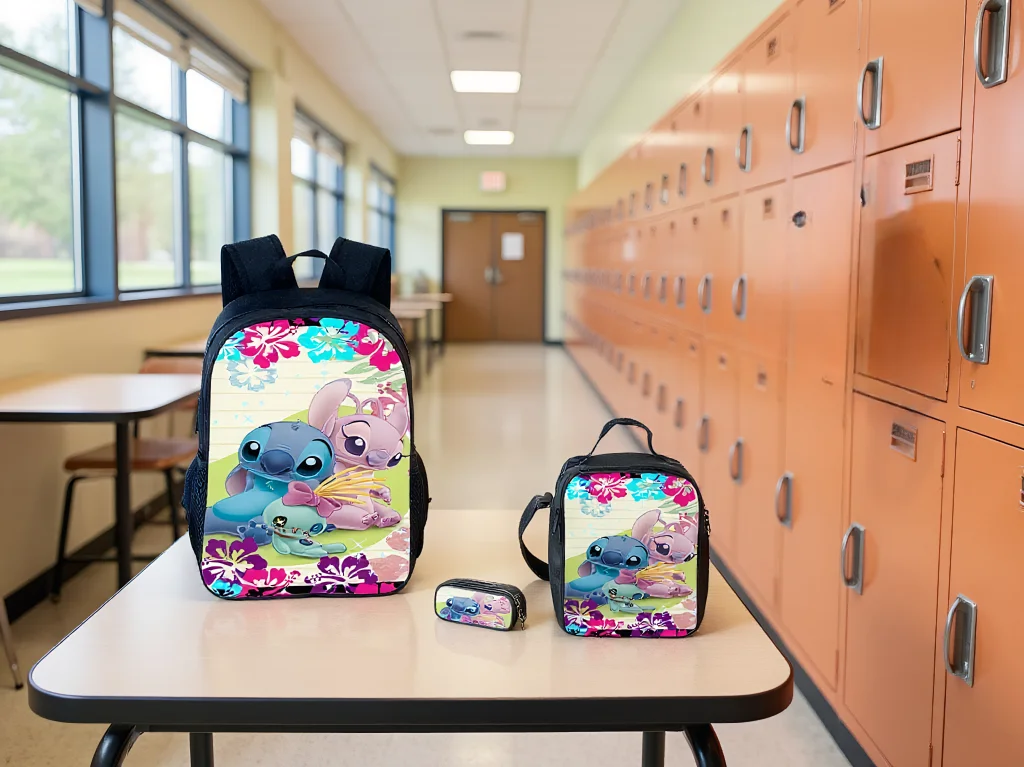 

Unisex Children Disney Stitch Rucksack 3 in 1 Set-Back to School Backpack and Cute Lunch Bag Pencil Box for Boy