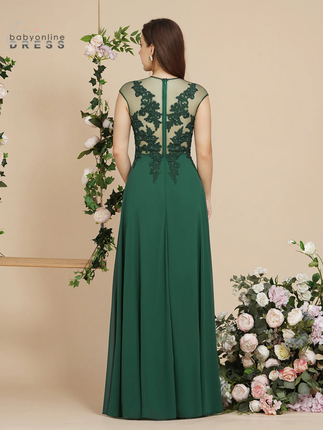 Green Lace Evening Dresses Long Luxury 2024 Chiffon Pearls Scoop Neck A-line Formal Wedding Party Prom Gowns Christmas Vestidos