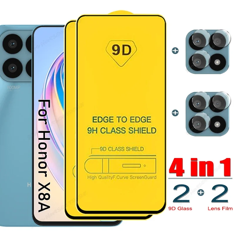 

4 in 1 For Honor X8A X8b X7A X7b X6A 9D Tempered Glass For Honor 90 70 200 Lite Lens Screen Protector Film For Honor X9 X8 X7 X6