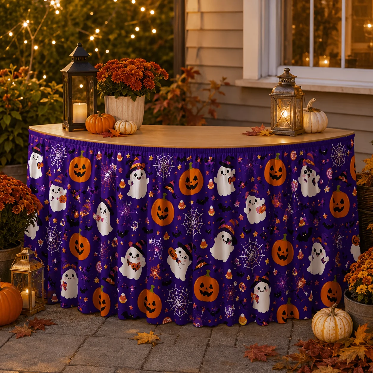 1 piece of tablecloth table skirt, purple background, cute ghost, Halloween table skirt, pig head lamp, pumpkin, witch hatzyc