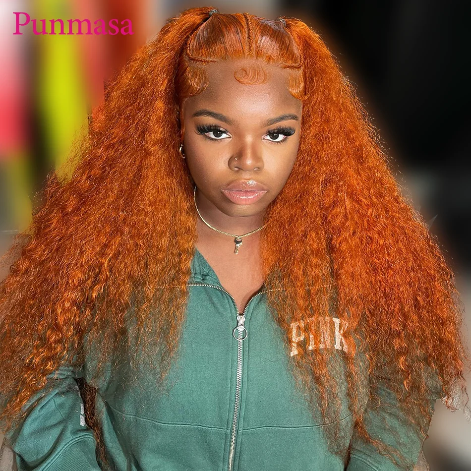 Punmasa Ginger Orange Colored Curly Wave Peruvian Remy 200% 13x4 Transparent Lace Frontal Wig 13x6 Lace Front Wig Wear To Go