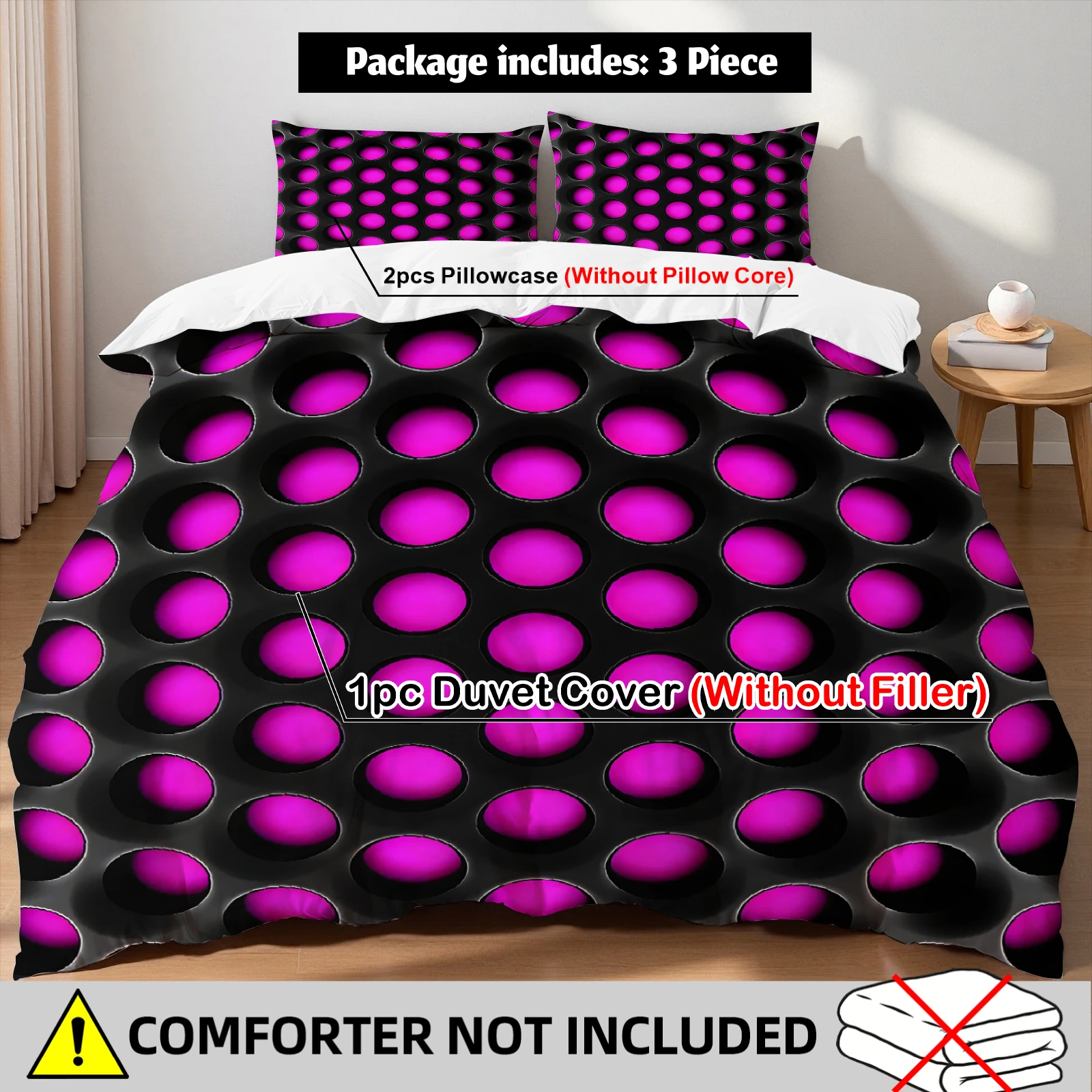 

Cyber 3D Honeycomb Duvet Cover Set 3Pcs Pink Black Neon Print Cyberpunk Bedding 2 Pillowcases No Comforter Breathable Twin Queen