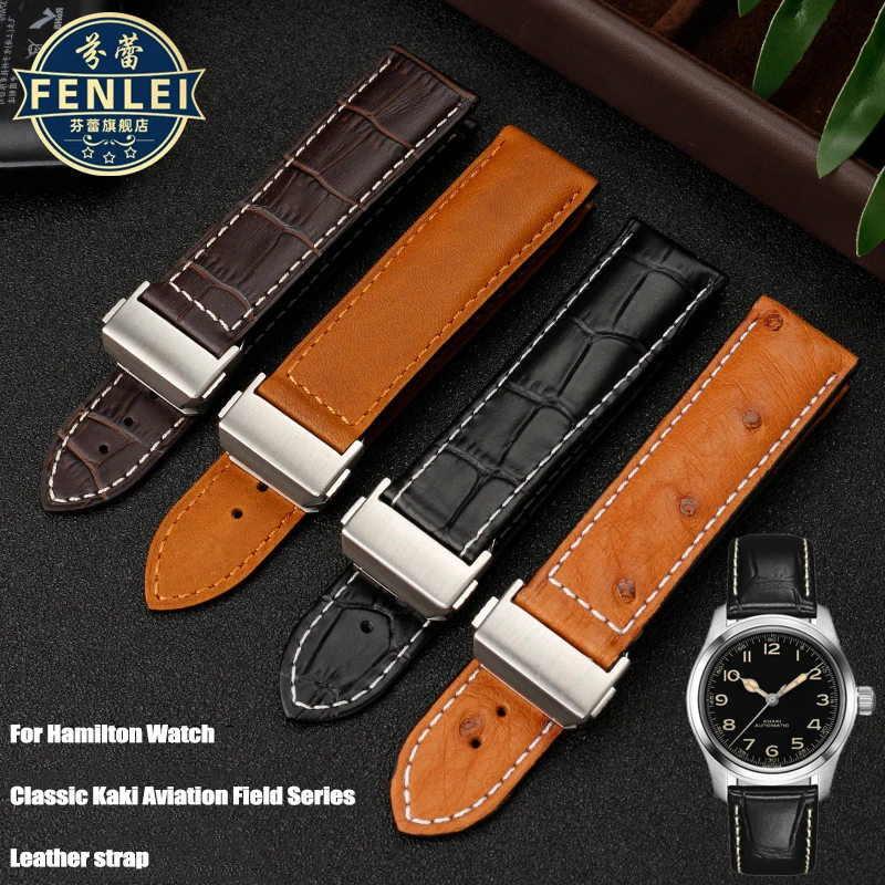 20mm 22mm Bracelet Ostrich Leather Watchband for Hamilton Jazz Khaki Aviation Series H32755851 Watch Strap Black Brown Bracelet