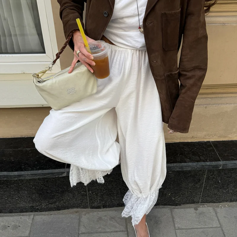 Linad Vintage Lose Spitze Bleistift Hosen Für Frauen Weiß Elegante Elastische Taille Hose Street Chic Knöchel Länge Hosen 2025, Sommer