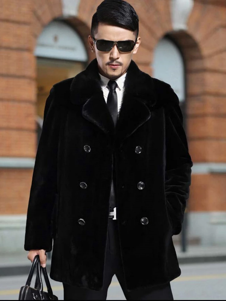 Winter Faux Fur Coat Men Thick Warm Windbreaker Long Sleeve Double-breasted Suit Collar Fur Coat Plus Size Slim Fit Jacket