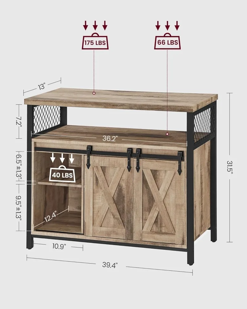 VASAGLE Buffet Cabinet, Storage Cabinet, Aparador com 2 portas deslizantes de celeiro, Prateleiras ajustáveis, 13x39,4x31,5 polegadas