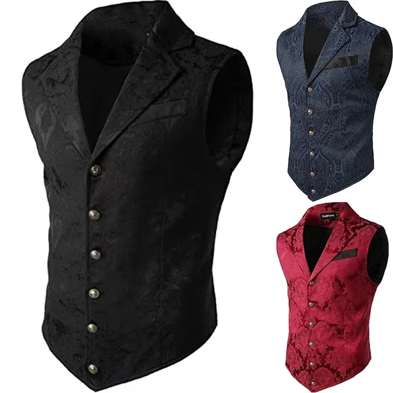 Anzugweste für Herren, Formelle Ärmellose Jacke mit Blumenmuster, Gotischer Punk Victoria Kostüm-Weste mit Reverskragen