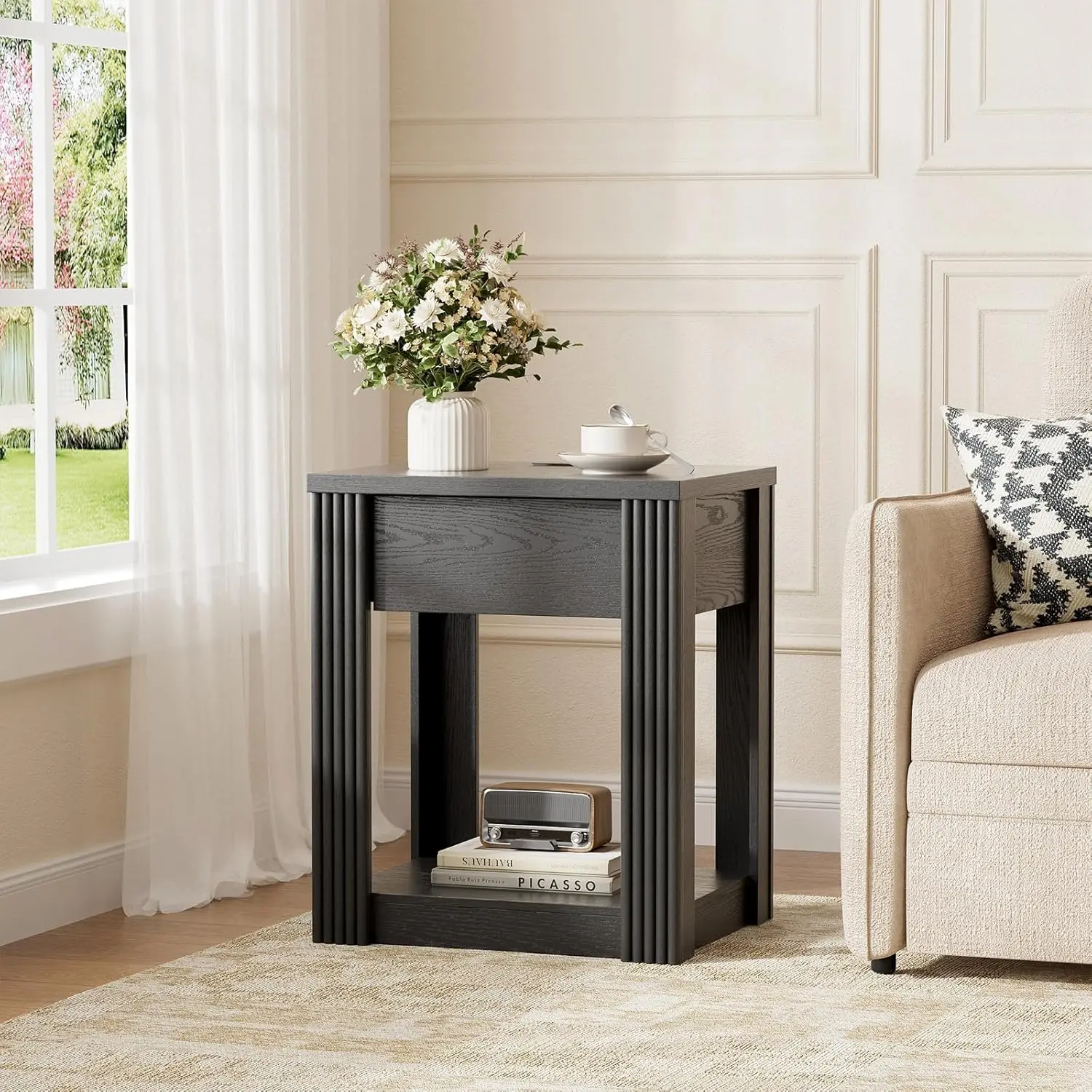 

Fluted End Table With Charging Station, Wood Side Table With Drawer, Sturdy Nightstand With Storage Shelf For, Customized