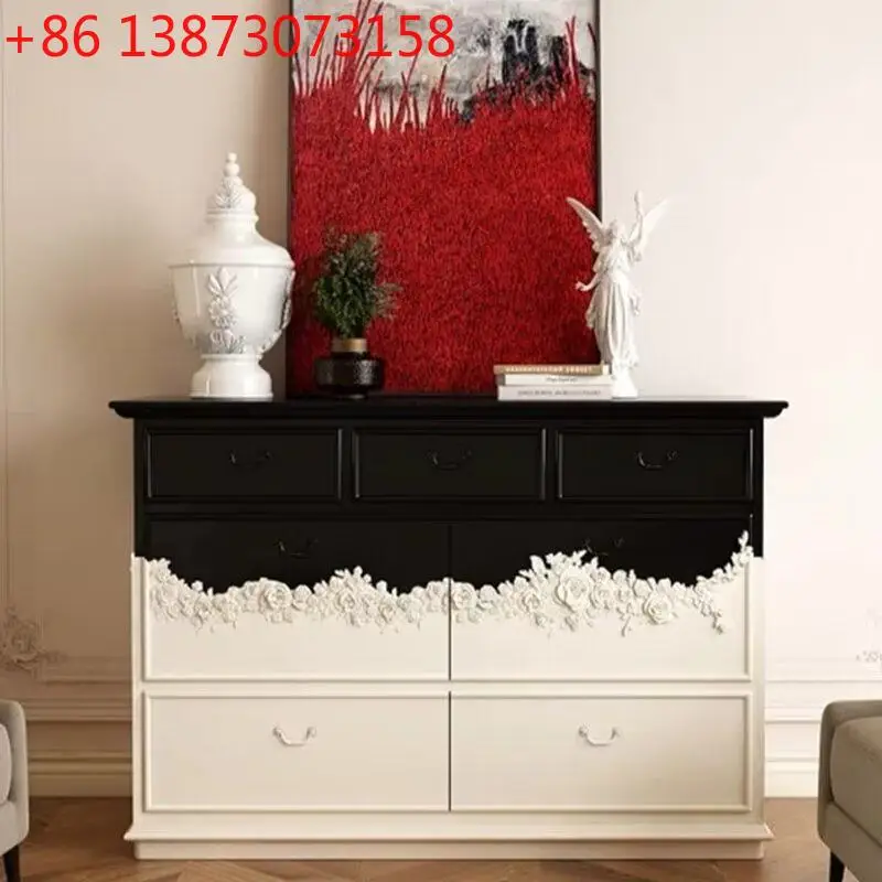 

Комод в стиле французского ретро, ​​черно-белый, контрастный по цвету, комод с ящиками из цельного дерева, неоклассический шкафчик в стиле принцессы