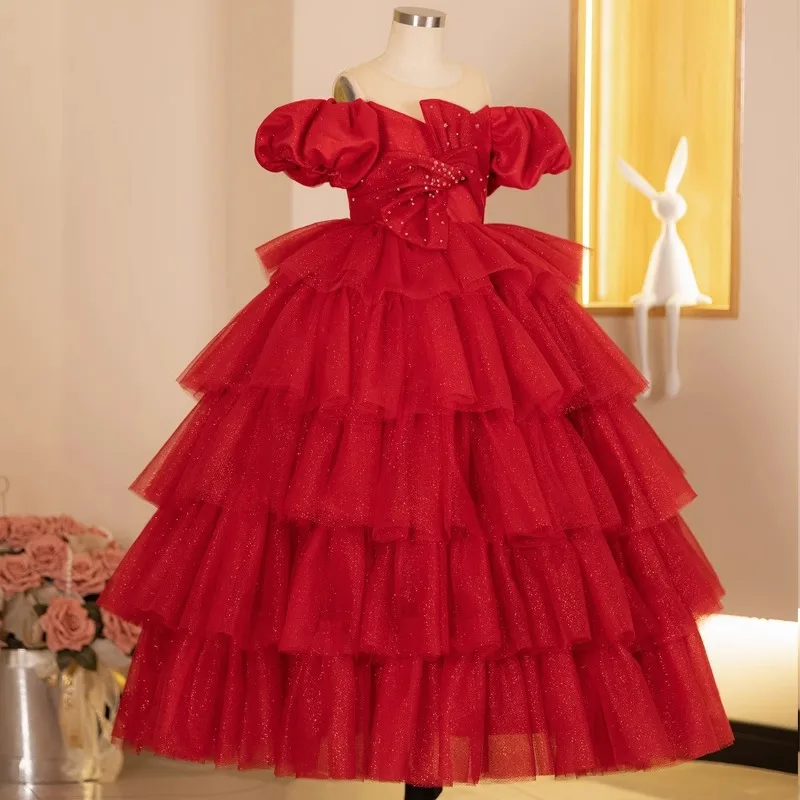 2024 Red Girls Elegant Dresses Bow Luxury Party Princess Dresses for Girl Ruched Hem Cake Gown Teenagers Performance Costumes