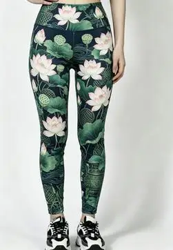 Women Mid‑Rise Fleece Lined Leggings Red Flower Chain Thorn Print Warm Elastic Casual Pants