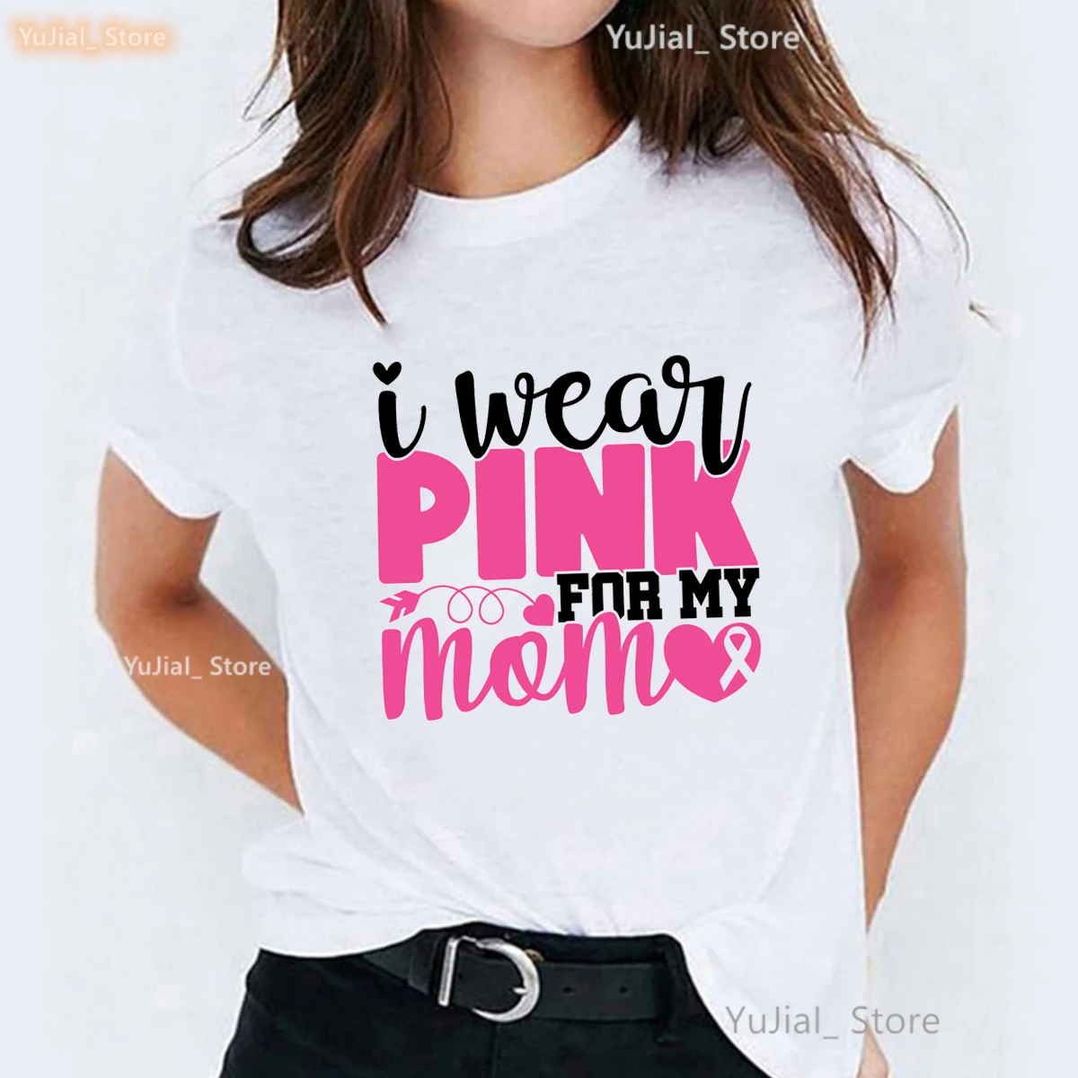 

I Wear Pink For My Mom Футболка с графическим принтом для девочек, футболка с раком молочной железы, женская летняя модная однотонная футболка, женские топы